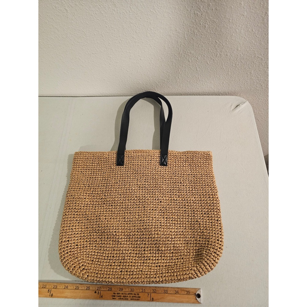 DKNY Large Tote Tan Straw Woven Bag Black Leather Straps